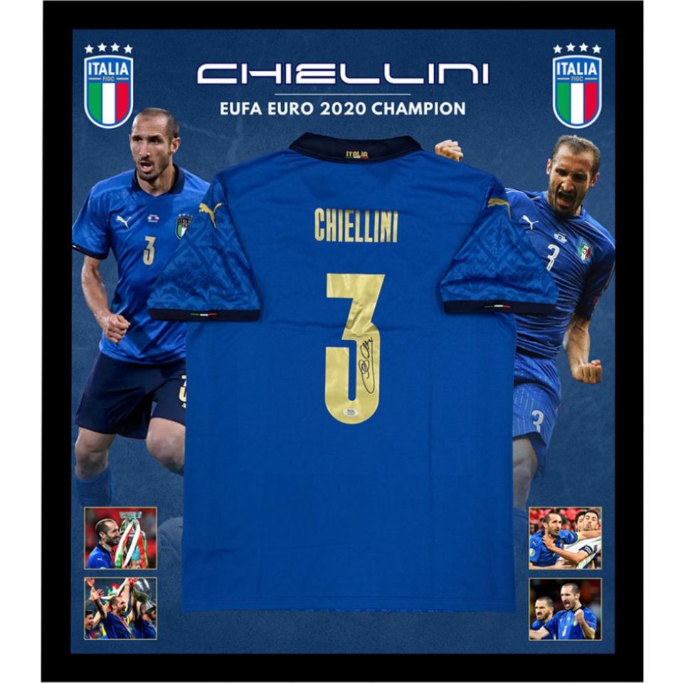 =残り1点=ジョルジョ・キエッリーニ【直筆サイン入り】PSAホログラム付きイタリア代表ホームユニホーム(フレーム入り)