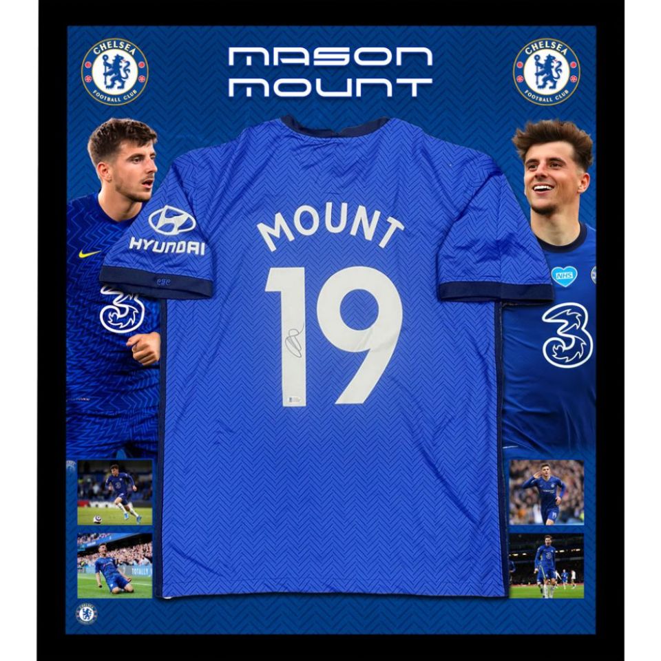 =残り1点= メイソン・マウント【直筆サイン入り】チェルシーホームユニホー(フレーム入り)