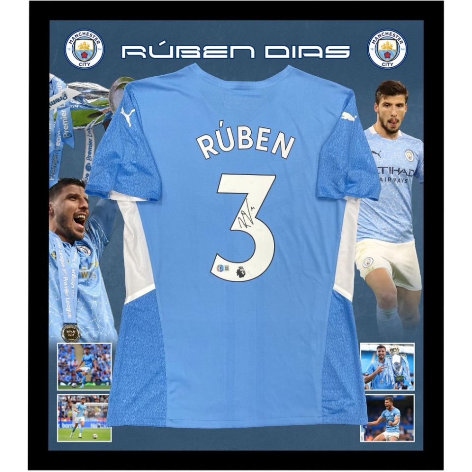 =残り1点=  ルーベン・ディアス【直筆サイン入り】マンチェスター・シティホームユニホーム(フレーム入り)